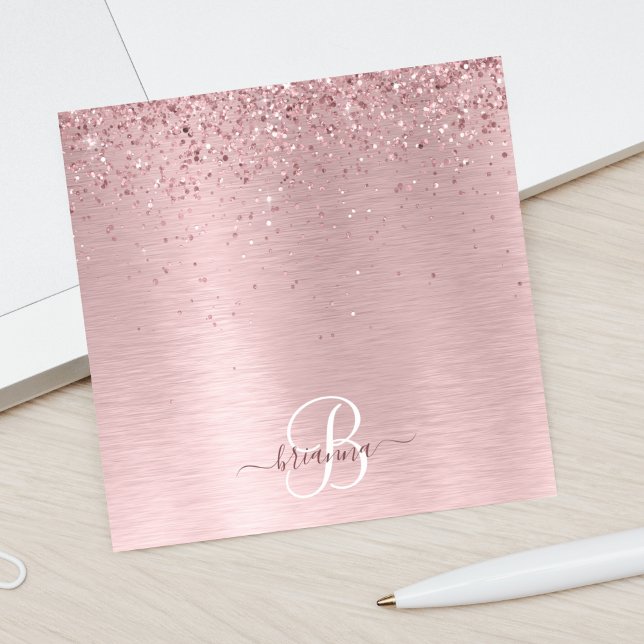 Blush Pink Brushed Metal Glitter Monogram Name Post-it Notes (Creator Uploaded)