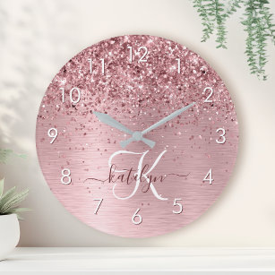 Blush Pink Brushed Metal Glitter Monogram Name Round Clock