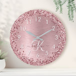 Blush Pink Brushed Metal Glitter Monogram Name Round Clock<br><div class="desc">Easily personalize this trendy chic wall clock design featuring pretty blush pink sparkling glitter on a blush pink brushed metallic background.</div>