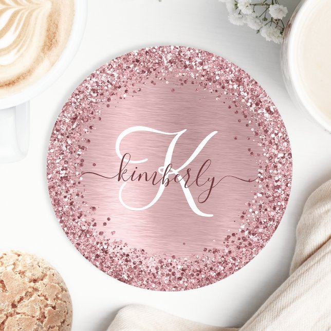 Blush Pink Brushed Metal Glitter Monogram Name Round Paper Coaster (Creator Uploaded)
