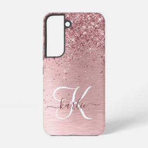  Blush Pink Brushed Metal Glitter Monogram Name Samsung Galaxy Case