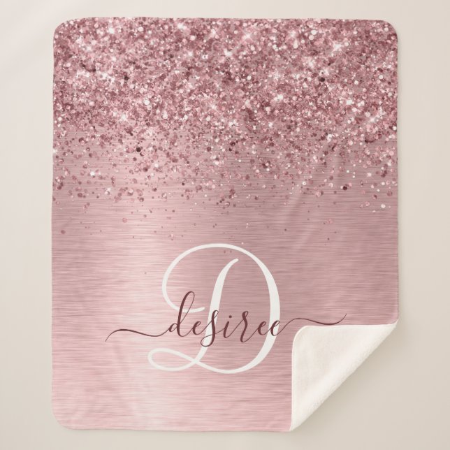 Blush Pink Brushed Metal Glitter Monogram Name Sherpa Blanket (Front)