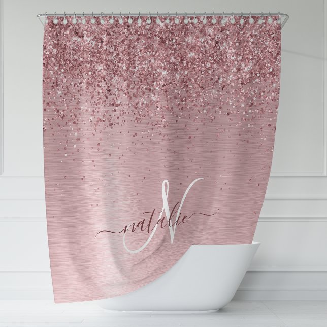 Blush Pink Brushed Metal Glitter Monogram Name Shower Curtain (Creator Uploaded)