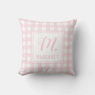 Blush Pink Buffalo Plaid Monogram Girls Name Cushion