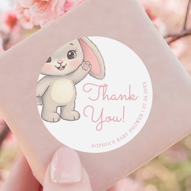 Blush Pink Bunny Girl Baby Shower Thank You Classic Round Sticker (Creator Uploaded)