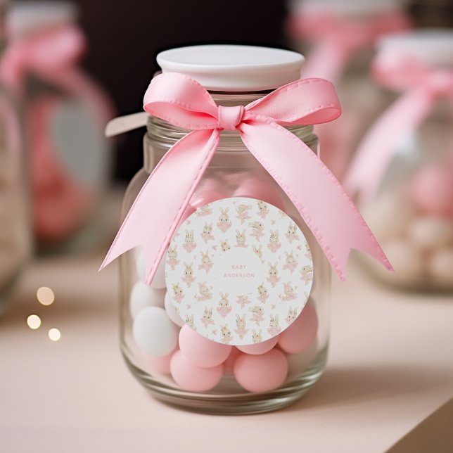 Blush Pink Bunny Rabbit Ballerina Baby Shower Classic Round Sticker (Sticker mockup with ballerina rabbits and custom baby name for a baby shower favor gift)