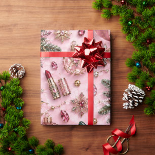 Blush Pink Burgundy Christmas Jewel Ribbons Wrapping Paper