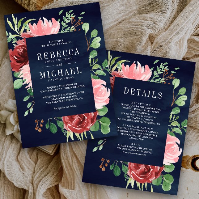 Blush Pink Burgundy Floral All in One Navy Wedding Invitation (Creator Uploaded)