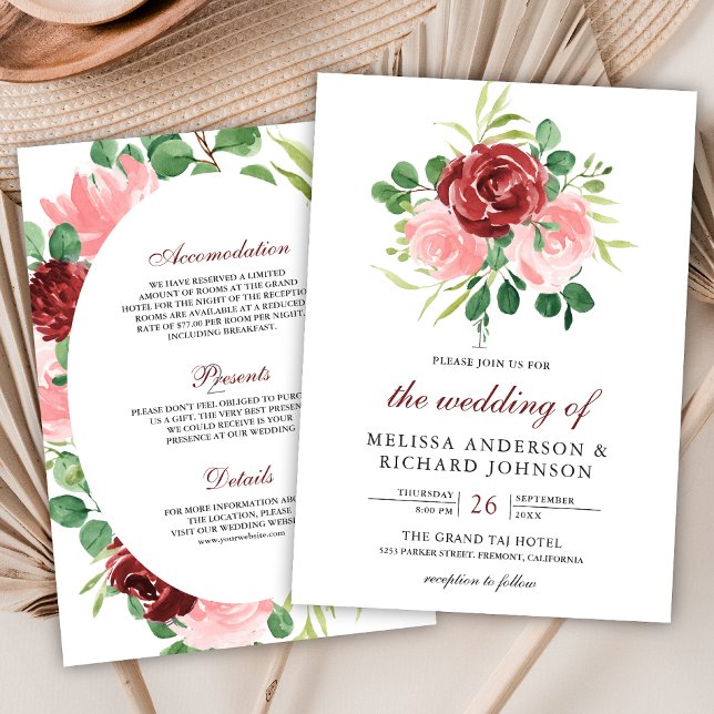 Blush Pink Burgundy Floral All in One Wedding Invitation (Creator Uploaded)