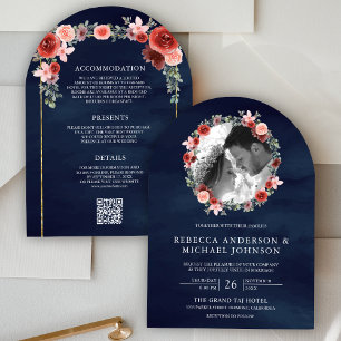 Blush Pink Burgundy Floral Arch Photo Navy Wedding Invitation