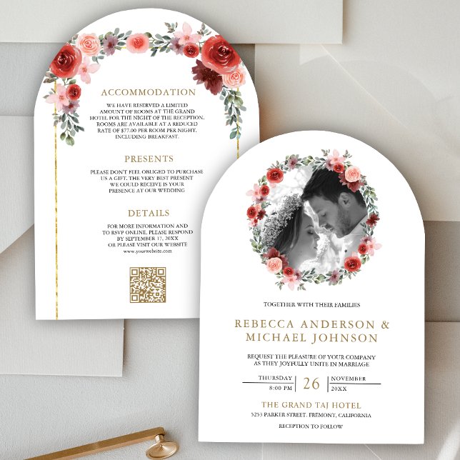 Blush Pink Burgundy Floral Arch Photo Wedding Invitation (Creator Uploaded)