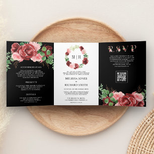 Blush Pink Burgundy Floral Black QR Code Wedding Tri-Fold Invitation