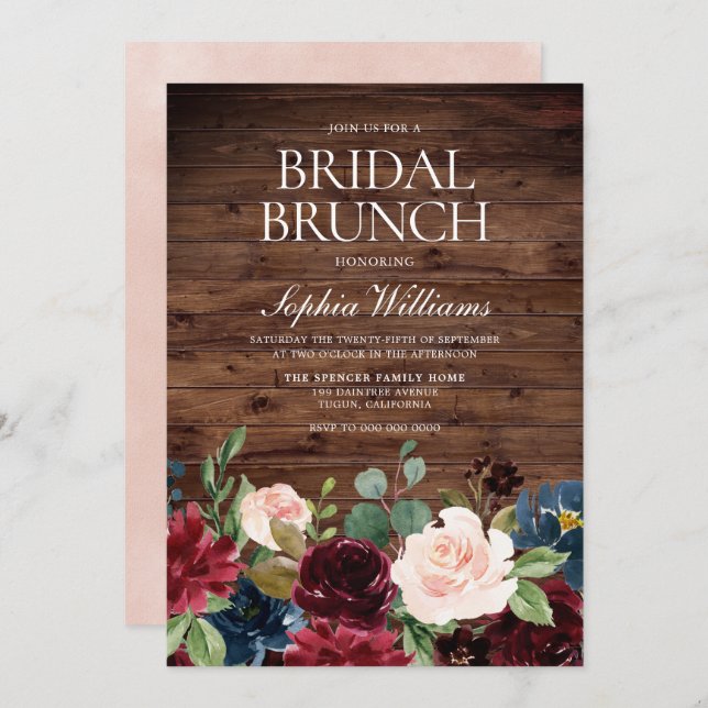 Blush Pink & Burgundy Floral Bridal Shower Brunch Invitation (Front/Back)