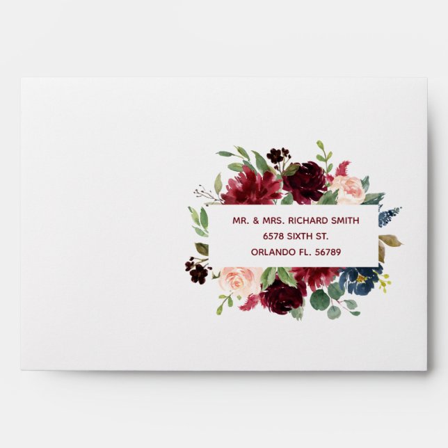 Blush Pink Burgundy Floral Elegant Script Wedding  Envelope (Front)