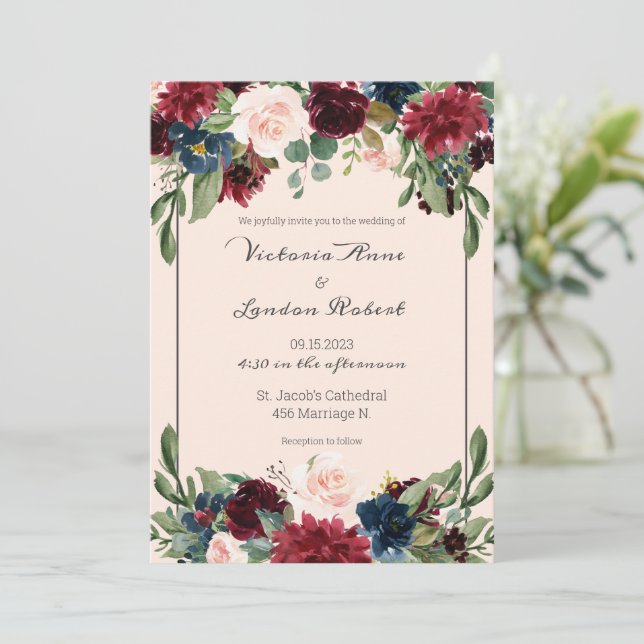 Blush Pink Burgundy Floral Elegant Script Wedding  Invitation (Standing Front)