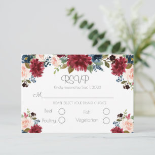 Blush Pink Burgundy Floral Elegant Script Wedding RSVP Card