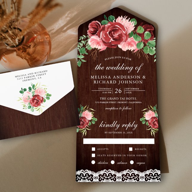 Blush Pink Burgundy Floral Lace Barn Wood Wedding All In One Invitation (Creator Uploaded)