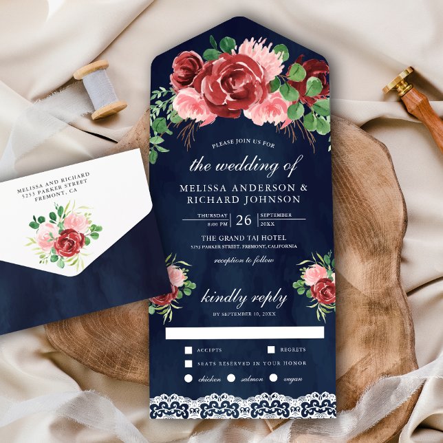 Blush Pink Burgundy Floral Lace Navy Blue Wedding All In One Invitation (Creator Uploaded)