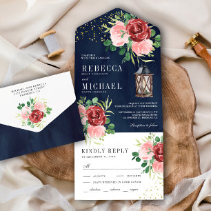 Blush Pink Burgundy Floral Lantern Navy Wedding All In One Invitation