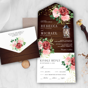 Blush Pink Burgundy Floral Lantern Wood Wedding All In One Invitation