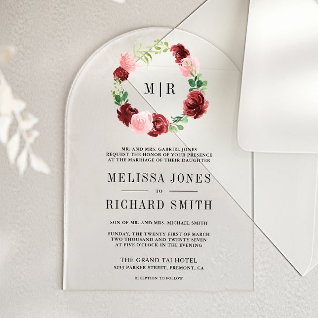 Blush Pink Burgundy Floral Navy Blue Wedding Acrylic Invitations (Creator Uploaded)