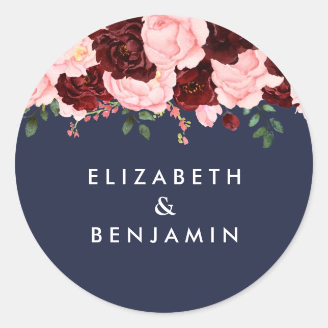 Blush Pink Burgundy Floral Navy Blue Wedding Classic Round Sticker (Front)
