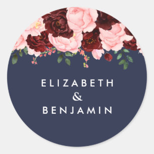 Blush Pink Burgundy Floral Navy Blue Wedding Classic Round Sticker