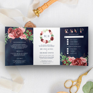 Blush Pink Burgundy Floral Navy Blue Wedding Tri-Fold Invitation