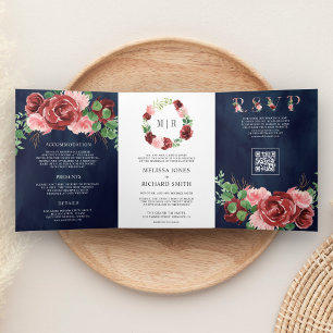 Blush Pink Burgundy Floral Navy QR Code Wedding Tri-Fold Invitation