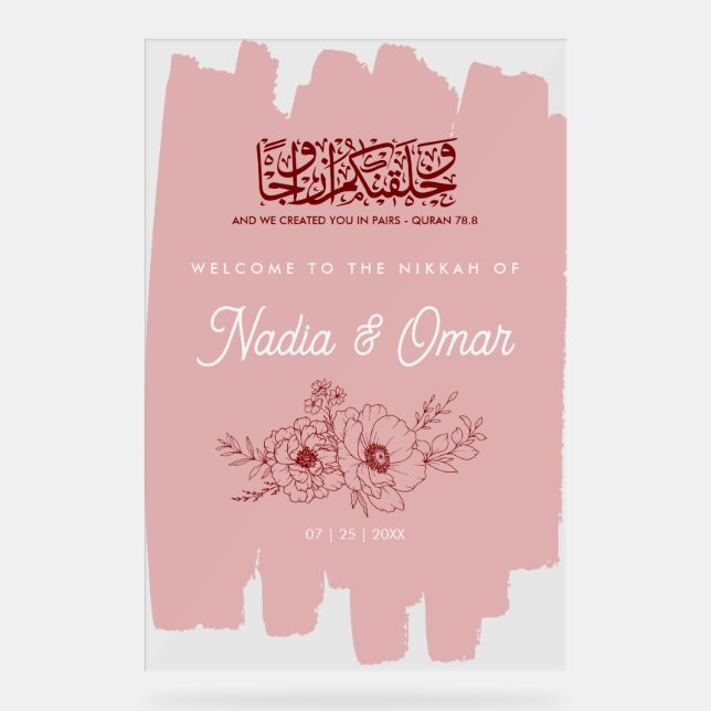 Blush Pink Burgundy Floral Nikkah Acrylic Sign (Front)