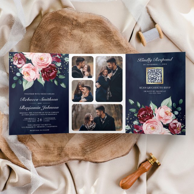 Blush Pink Burgundy Floral QR Code Navy Wedding Tri-Fold Invitation (Creator Uploaded)