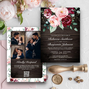 Blush Pink Burgundy Floral QR Code Wood Wedding Invitation