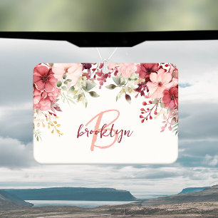 Blush Pink Burgundy Floral Script Monogram Car Air Freshener