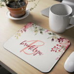 Blush Pink Burgundy Floral Script Monogram  Mouse Pad<br><div class="desc">This elegant personalised mouse pad features a monogram and first name in modern pink and burgundy script. A watercolor arrangement of blush pink and burgundy flowers and greenery adorns the top border.</div>