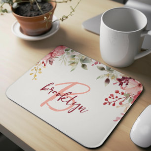 Blush Pink Burgundy Floral Script Monogram  Mouse Pad