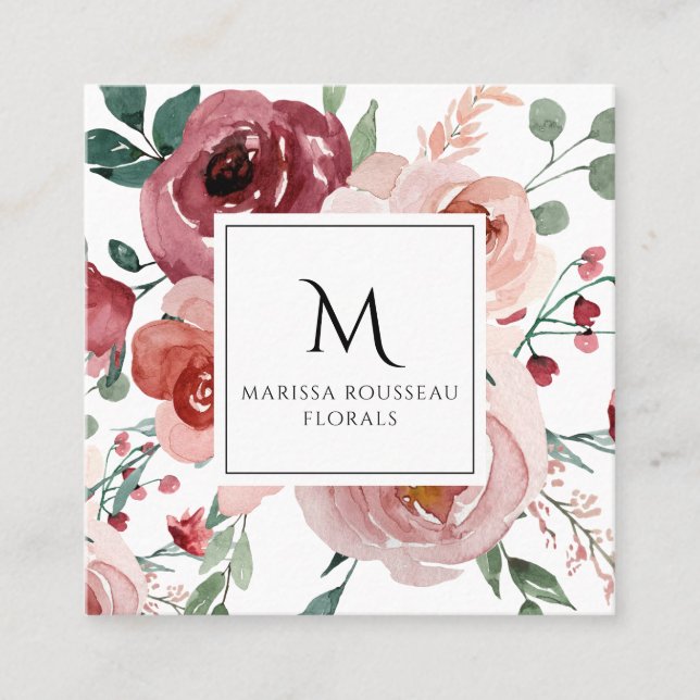 Blush Pink Burgundy Floral Square Business Card (Front)