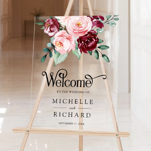 Blush Pink Burgundy Floral Wedding Welcome Acrylic Sign