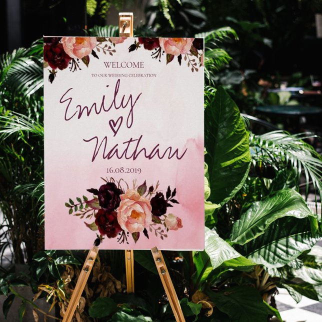 Blush Pink Burgundy Floral Wedding Welcome Poster (Creator Uploaded)
