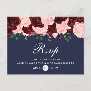 Blush Pink Burgundy Flowers Navy Blue Wedding RSVP Invitation Postcard