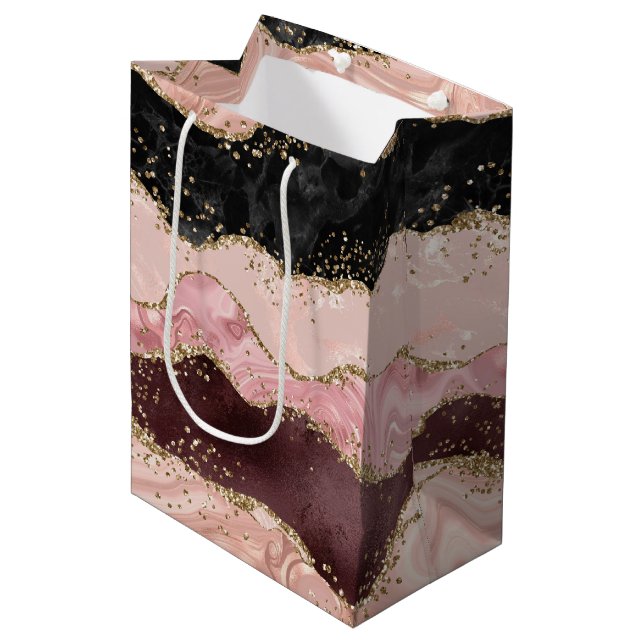 Blush Pink Burgundy Gold Black Glitter Medium Gift Bag (Front Angled)