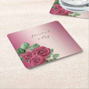 Blush Pink Burgundy Gold Roses Wedding Leaves Square Paper Coaster