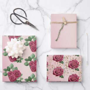 Blush Pink Burgundy Gold Roses Wedding Leaves Wrapping Paper Sheet