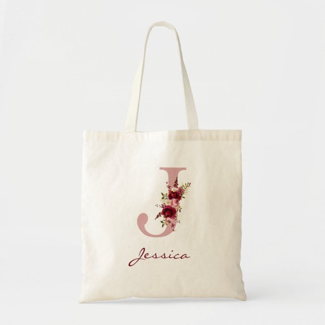 Blush Pink Burgundy Letter J Floral Tote Bag (Front)