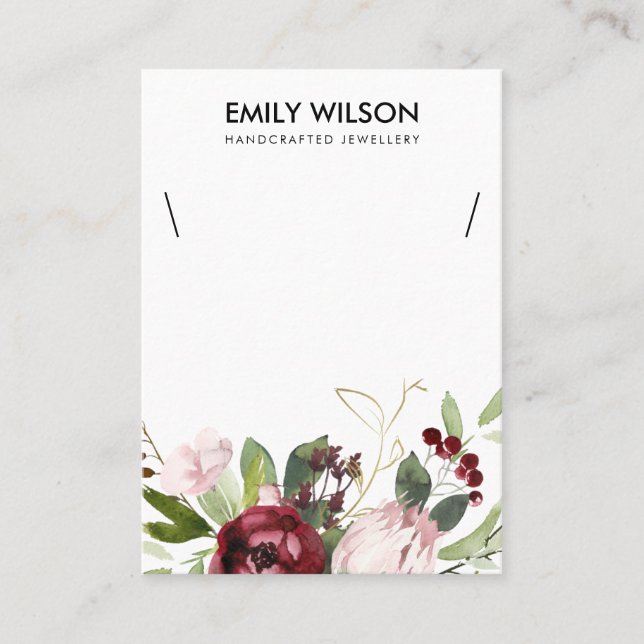BLUSH PINK BURGUNDY PROTEA FLORAL NECKLACE DISPLAY BUSINESS CARD (Front)