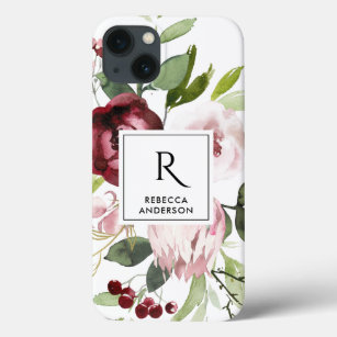 BLUSH PINK BURGUNDY PROTEA FLORAL WATERCOLOR iPhone 13 CASE