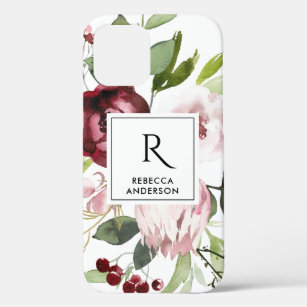 BLUSH PINK BURGUNDY PROTEA FLORAL WATERCOLOR iPhone 12 CASE