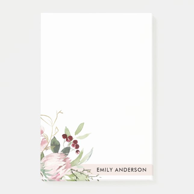 BLUSH PINK BURGUNDY PROTEA FLORAL WATERCOLOR POST-IT NOTES (Front)
