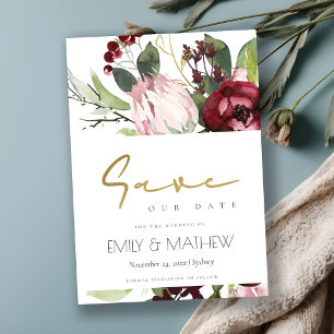 BLUSH PINK BURGUNDY PROTEA FLORAL WATERCOLOR SAVE THE DATE