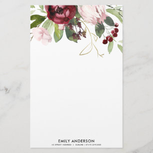 BLUSH PINK BURGUNDY PROTEA FLORAL WATERCOLOR STATIONERY