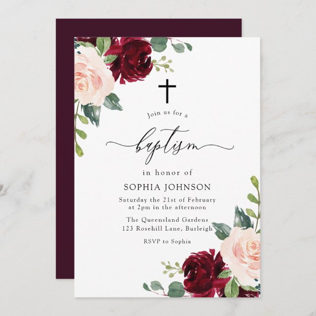 Blush Pink Burgundy Red Floral Cross Baptism Invitation (Front/Back)